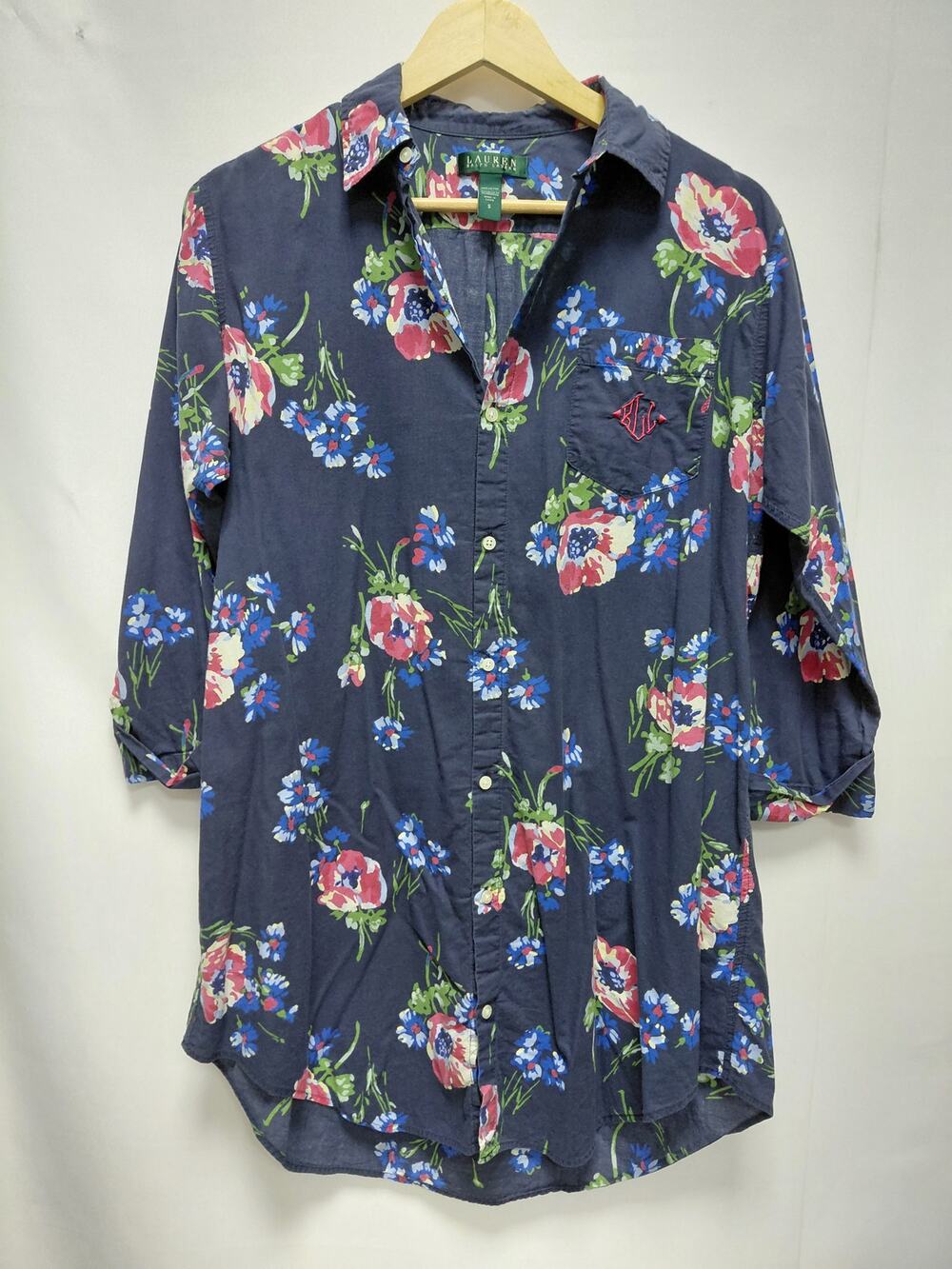 LAUREN RALPH LAUREN Floral Cotton Tunic Top Blue 3/4 Sleeve Collared Size S